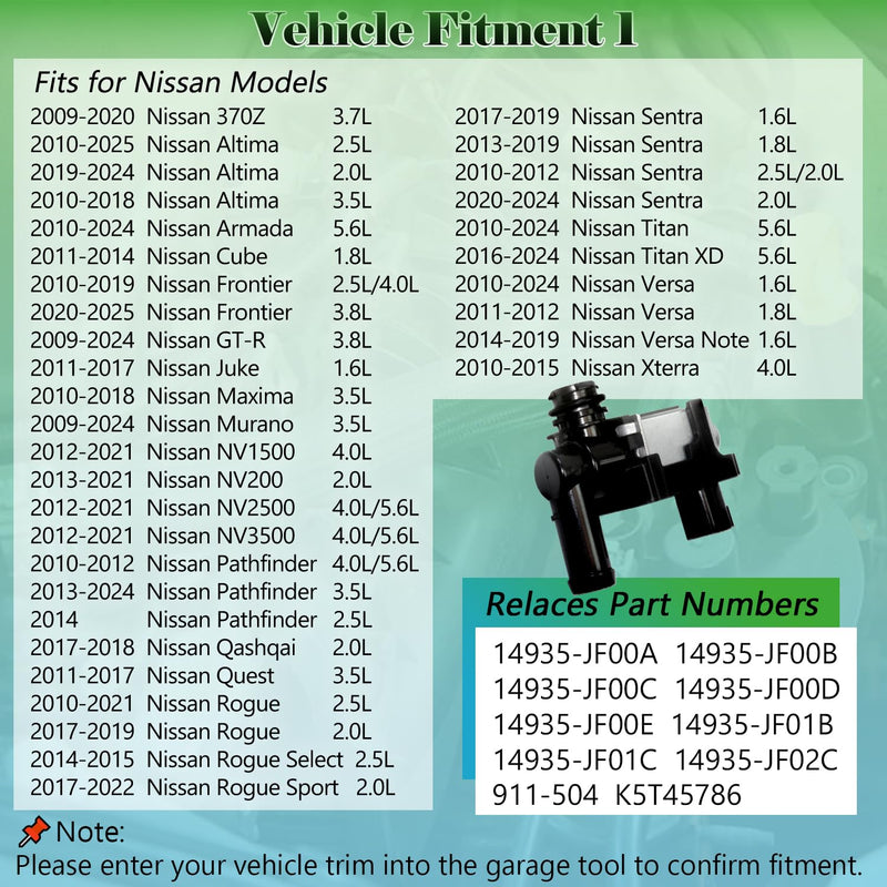 Vapor Canister Vent Valve 14935-JF00A Vent Control Solenoid Compatible with 2010-2025 Nissan Altima Maxima Murano Rogue Sentra Versa Infiniti G37 Q50 Q60 Q70 Replaces OE# 911-504 K5T45786