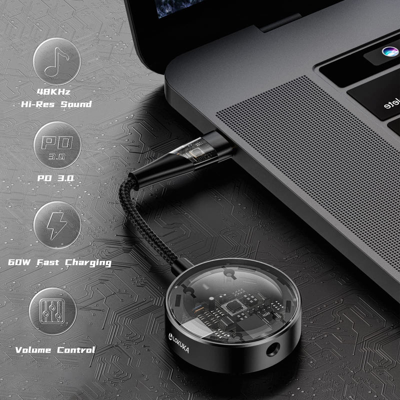 USB C to 3.5mm Headphone and Charger Adapter, 2-in-1 Hub USB Type C to TRRS 3.5mm AUX/Mic and PD 3.0 60W Fast Charging Splitter, Top Series Visualized Hi-Res DAC Chip Docking Station - Black
