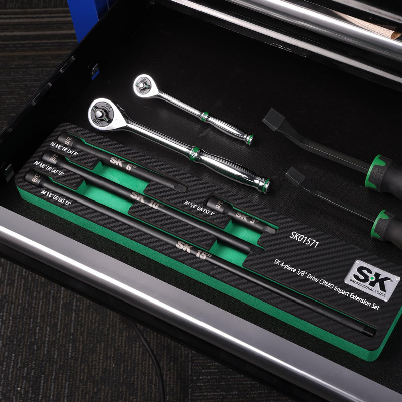 SK 4-Piece Impact Socket Extension Set, 3/8" Drive, 3", 6", 10", 15" Extension Set, Premium Cr-Mo Steel with Black Manganese Phosphate Coating 3/8-Inch Drive