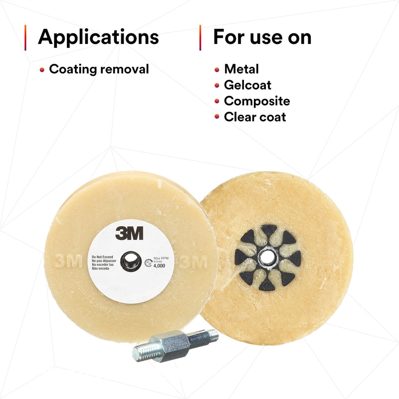 3M Stripe Off Wheel Adhesive Remover Eraser Wheel Removes Decals, Stripes, Vinyl, Tapes and Graphics 4” diameter x 5/8” thick 3/8-16 threaded mandrel 07498 Pack of 1 4 in x 5/8 in (Pack of 1)