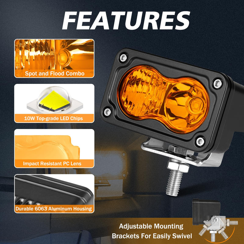 Amber LED Pods, Rfroad Lighting 3 Inch 40W LED Chase Light Ditch Lights Spot Flood Combo Small LED Pods Light Fog Lights LED Cubes 2 Packs for Motorcycle Truck UTV SUV ATV Dirt Bike Boat Offroad Amber Combo