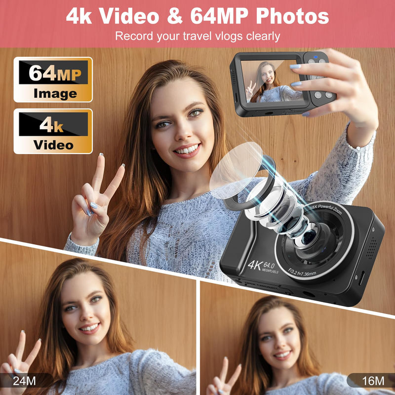 Digital Camera, 4K 64MP, 18X Zoom, Point and Shoot Digital Camera with 64GB TF Card & 2 Batteries, Portable Rechargeable Small Camera for Kids Teens Adult, Black