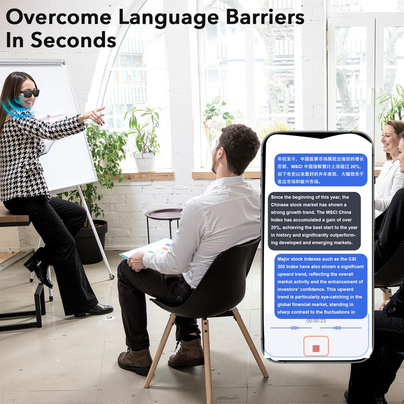 AI smart glasses, AI dialogue voice wake-up, 115 language translation, simultaneous interpretation, on-site recording translation, use mobile app audio and video translation, conference translation