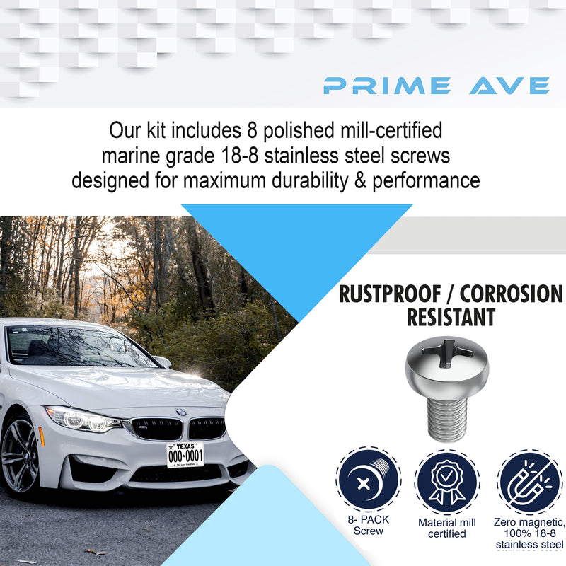 Stainless Steel License Plate Screws for License Plates, Frames, Covers - Front/Rear Rust Proof Car Tag Screws - Licence Plate Screw Set Compatible with BMW (Pack of 8) Standard Length