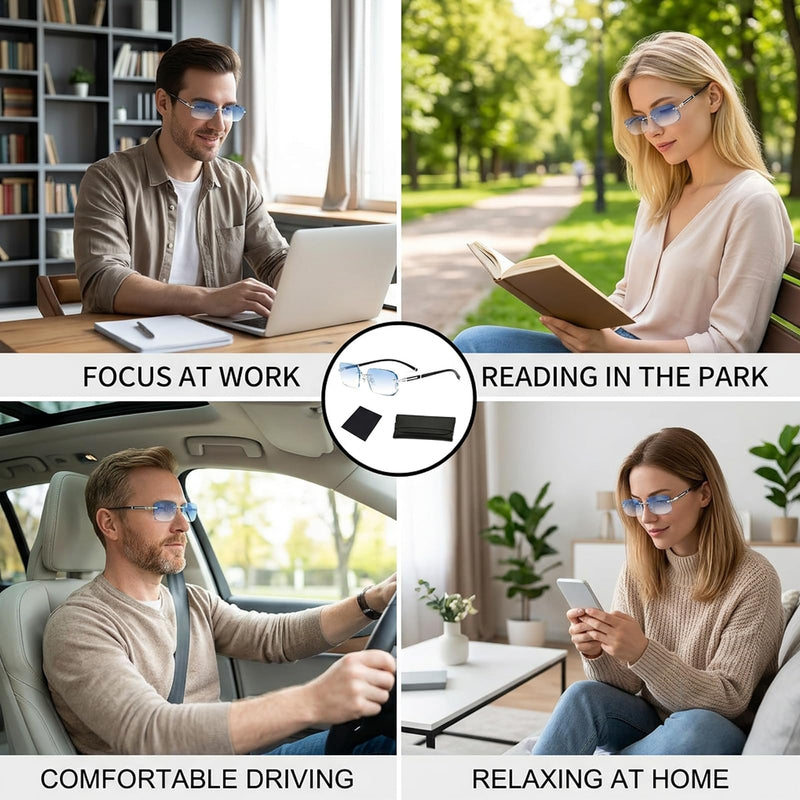 Clarity Blue Glasses, Self Adjusting Eyeglasses for Men, Blue Light Protection, Premium Lens Clarity, Blue Ease Optics, 3-Piece Set with Leather Case and Cleaning Cloth