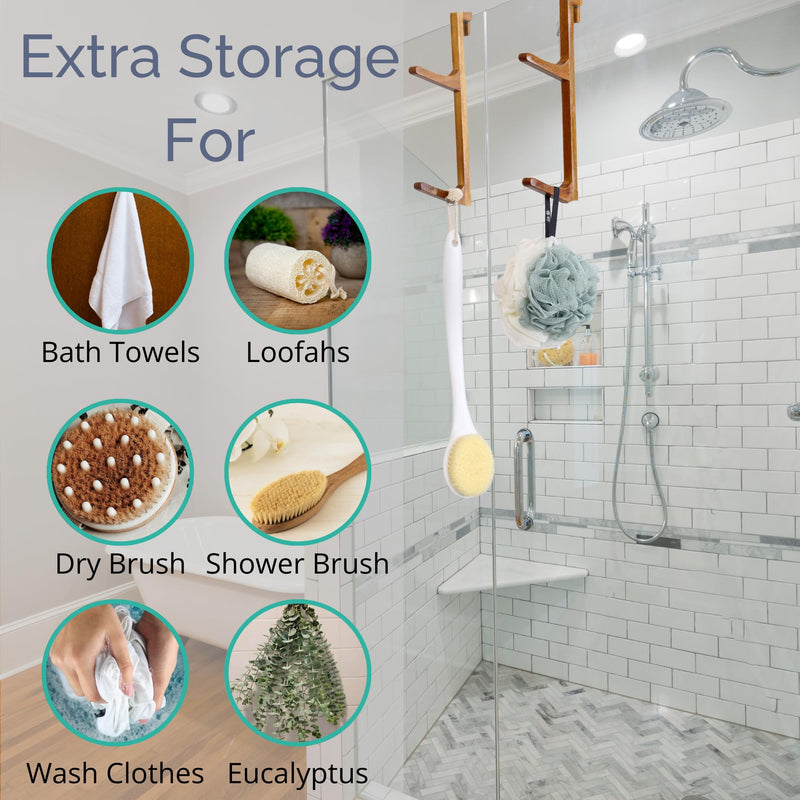 Over Shower Door Towel Hook - No Drill, No Rust, Moisture Proof Hard Wood - Shower Door Hooks for Towels - Space-Saving Bathroom Organizer Home Decor - 2pcs 2