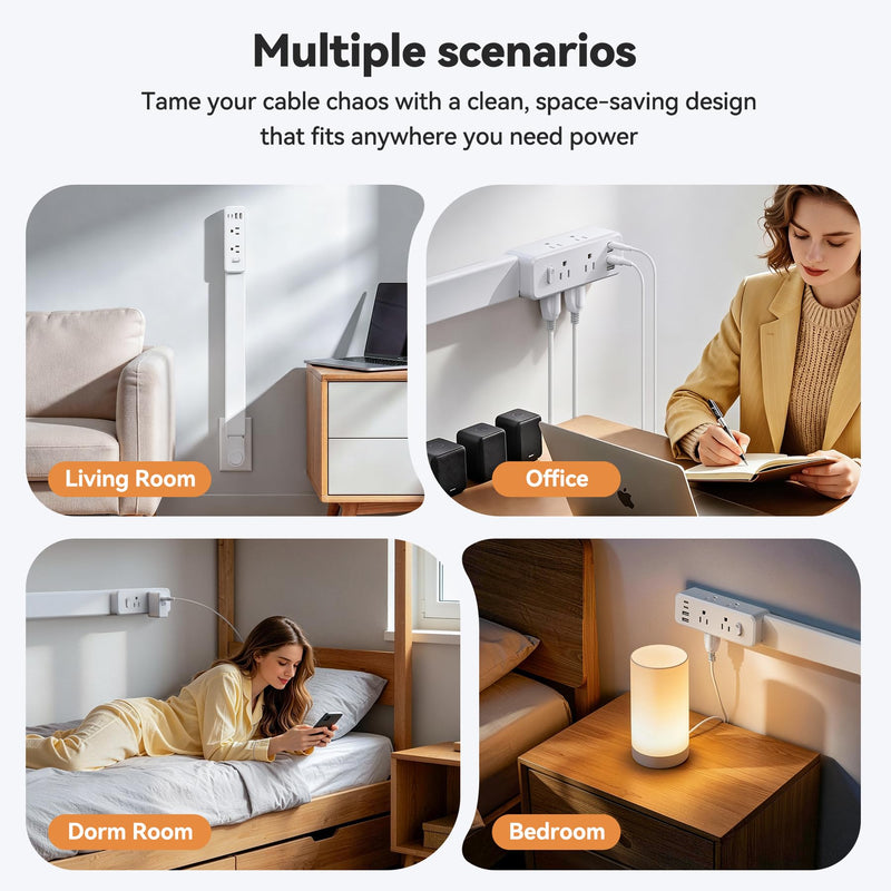 Outlet Extender Stick, 360° Rotating Wall Outlet Expander with 22-35" Extendable Base, 10-in-1 Power Strip Stick with 6 AC Outlets, 4 USB Ports (2 USB-C), Flat Plug for Behind Couch, Home, Office
