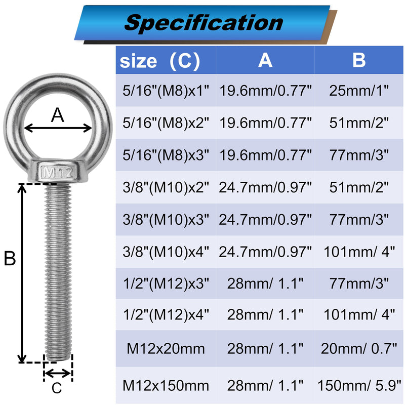 4 Pack M12 Eye Bolts with Nuts, 304 Stainless Steel 1/2" x 3" Heavy Duty Lifting Eye Bolts, Metric M12×77mm Ring Eye Bolt for Hanging, Tie Down, Outdoor & Hardware Fixing (4, 1/2"x3") 1/2"x3" 4