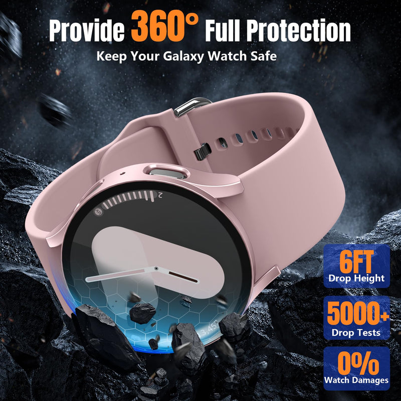 Easuny 2 Pack Waterproof Privacy Case with Tempered Glass Screen Protector for Samsung Galaxy Watch 7 40mm, Overall Protection Anti-Slip Scratch-Resistant Cover for Galaxy Watch7 Rosepink