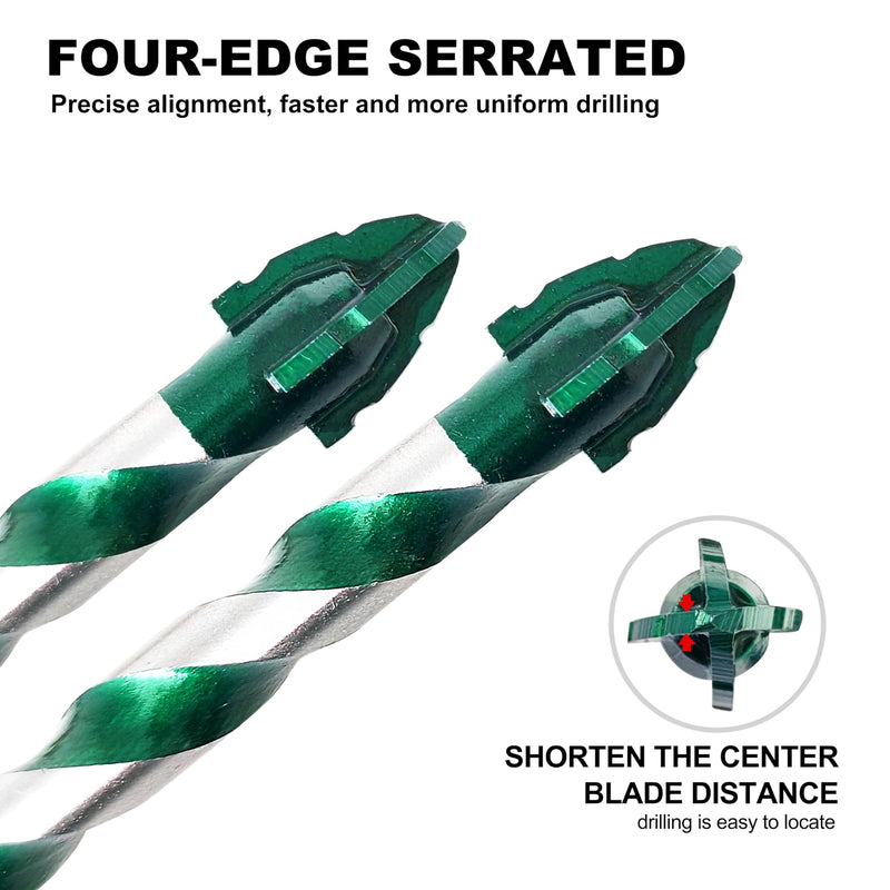 FEWELL Serrated Eccentric Masonry Drill Bit 10pcs, Tile Drill Bit 1/8”-1/2” | Four-Edge Serrated Concrete Drill Bit for Concrete Glass Brick Cement Tile Marble Wood