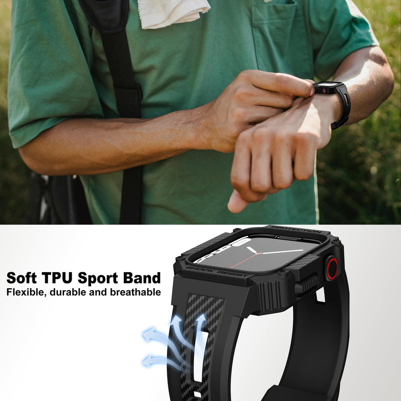 GELISHI Bands Compatible with Apple Watch 9/8/7 45mm, Rugged Men Sport Band with Protective Case for Apple Watch SE 44mm Series 6/5/4/3 42mm Black 45mm/44mm/42mm