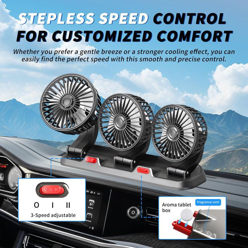 Portable 3-Head Car Cooling Fan with USB Plug | Powerful Airflow Fan for Vehicles Cars Taxi and Road trips USB Powered
