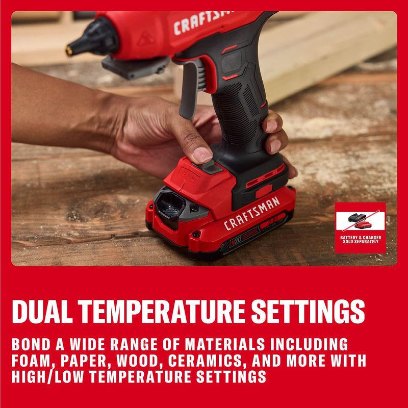 CRAFTSMAN V20 Hot Glue Gun Full Size, Cordless Glue Gun and Sticks Set with LED Light, Interchangeable Nozzles and Wrench, Retractable Dip Tray, Fast Preheat, Long Runtime, Tool Only (CMGL200B)