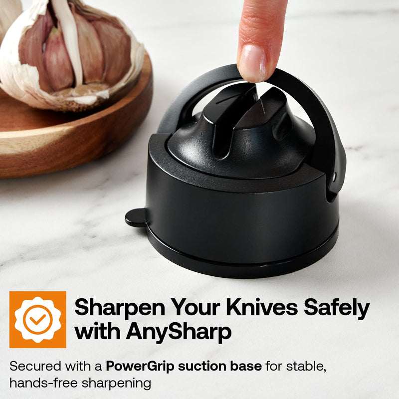 AnySharp – EVO – Hands Free Knife Sharpener - Easy to Use Sharpening Tool with Improved PowerGrip Suction Base and 20-Deg Pre-set Angle - For All Knives: Chef’s, Serrated, and Hardened Steel - Black One Size