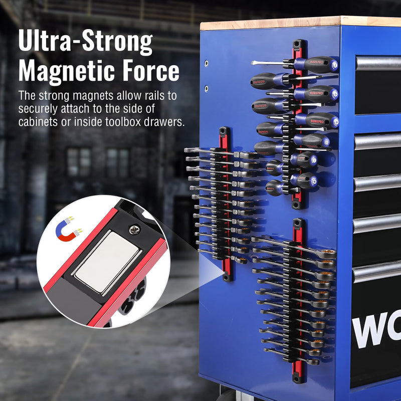 WORKPRO Magnetic Screwdriver Organizer and Wrench Organizer, Aluminum Rail Magnetic Tool Organizer, Tool Holder, Toolbox Organization, 36-Slot Screwdriver and Wrench Holder (Tools not Included) 3 Pack Red