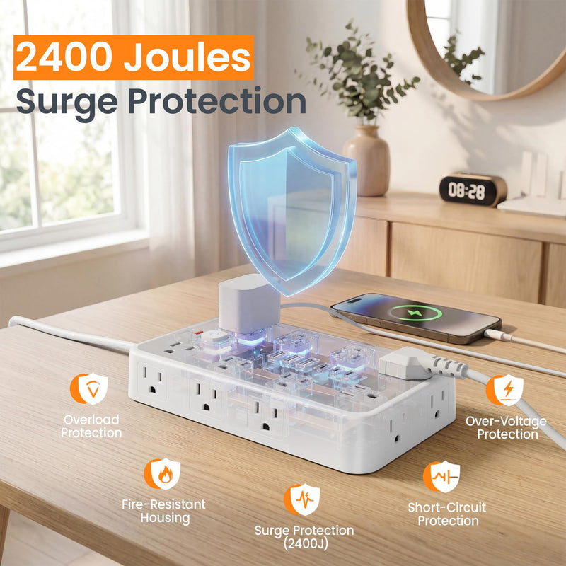 6 FT Surge Protector Power Strip with 6 USB, 16 Outlets, 2400J | 3 USB-A & 3 USB-C Ports, 1.7" Wide-Spaced Outlets, 1875W/15A, Flat Plug, 4-Sided Design for Home, Office, Dorm & Gaming White / Gray 6 FT