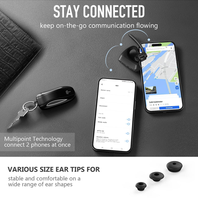 Conambo K21 Bluetooth Headset V5.1, Bluetooth Earpiece with CVC 8.0 Dual Mic Noise Cancelling Wireless Headphone - Mute & Volume Buttons 16Hrs Talking for iOS Android Cell Phone, Trucker, Office Work GREY