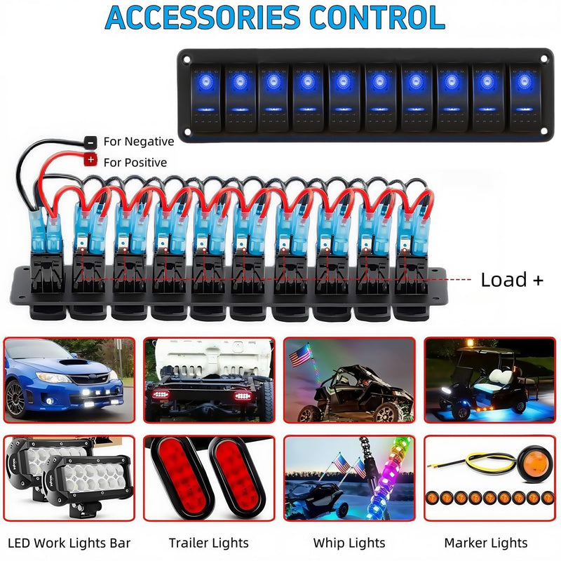 10 Gang Marine Rocker Switch Panel Waterproof, 12V 24V 5 Pin SPST Aluminum Boat Switch Control Panel LED Toggle Switch, ON Off Dash Switch Panel for Car RV ATV UTV Truck Campervan (Blue) Blue 10 Gang