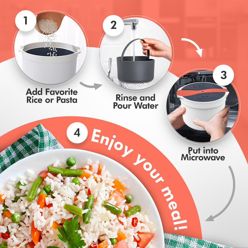 Microwave Rice Cooker Steamer and Pasta Cooker with Strainer - Mess-Free Design, Dishwasher Safe, Cooks Up to 8 Cups Zwippy v2.0