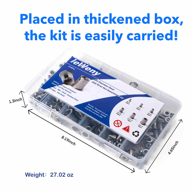Stainless Steel Rivet Nut Assortment Kit(216Pcs), 1/4"-20, 3/8"-16, 5/16"-18, #10-24, #8-32, #6-32UNC SAE Rivnuts Set, Threaded Inserts for Sheet Metal, Automative and Out Door Solar Panel Silver SAE -216pcs