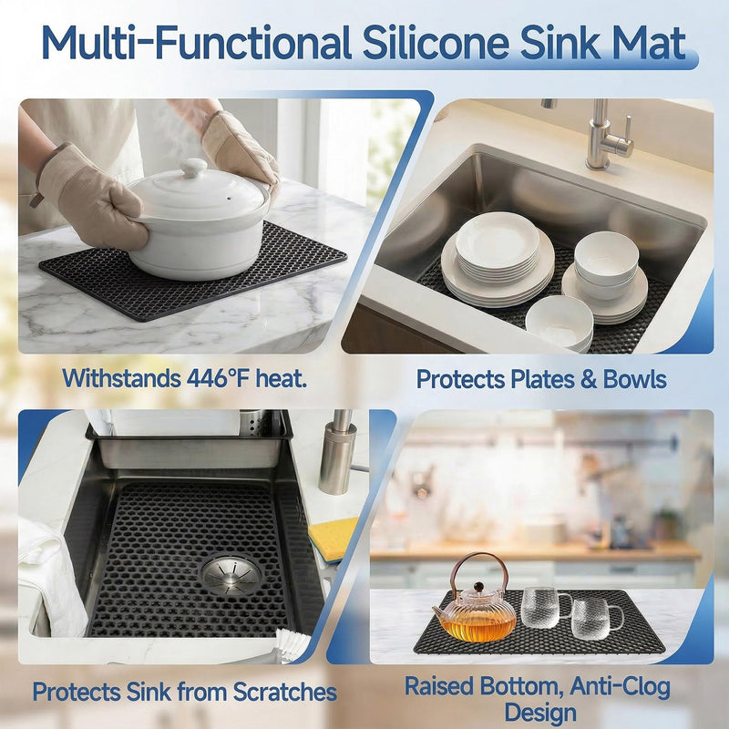 Sink Protectors for Kitchen Sink, 28.34''x 15.74'' Silicone Sink Mat Grid Protector for Bottom of Farmhouse Stainless Steel Porcelain - Can DIY Drain Hole Non-slip Heat Resistant Liner (Black) （Black）28.34" x 15.74"