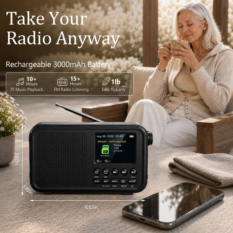 FM Radio with Bluetooth, NOAA Weather Band, 2.4" Color Screen, Rechargeable Portable Radio, Dual Alarms, microSD Playback, USB-C Charging, Headphone Jack for Home, Bedroom, Office & Travel Black