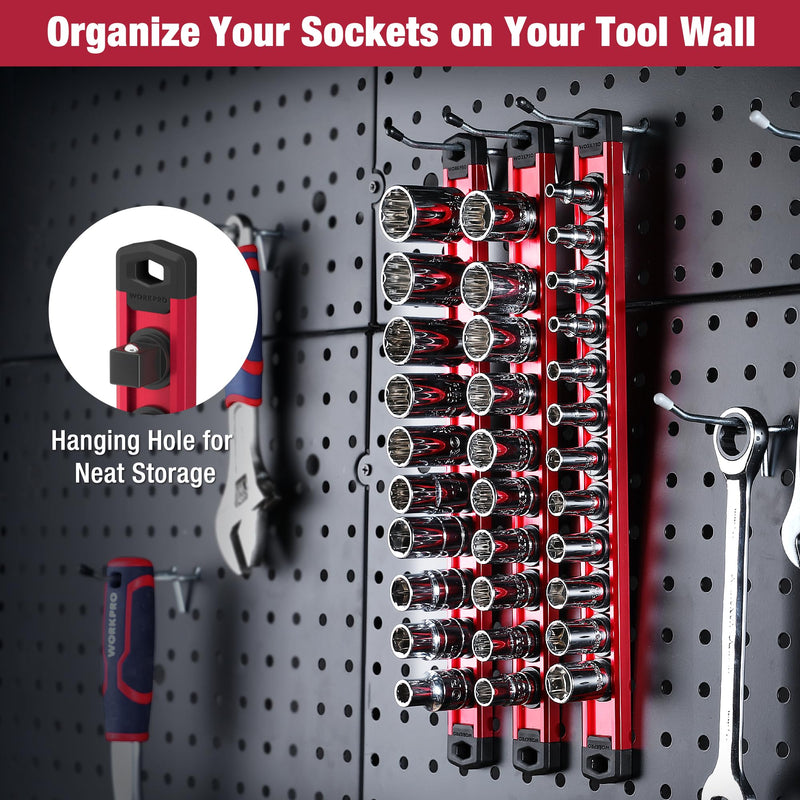 WORKPRO Magnetic Socket Organizer Set, 3-Piece Aluminum Alloy Socket Rail, Heavy Duty Socket Holder, Socket Rack Kit 1/4-Inch x 12 Clips, 3/8-Inch x 10 Clips, 1/2-Inch x 10 Clips (Red) 3 Pieces-1/4", 3/8", & 1/2" DR Red