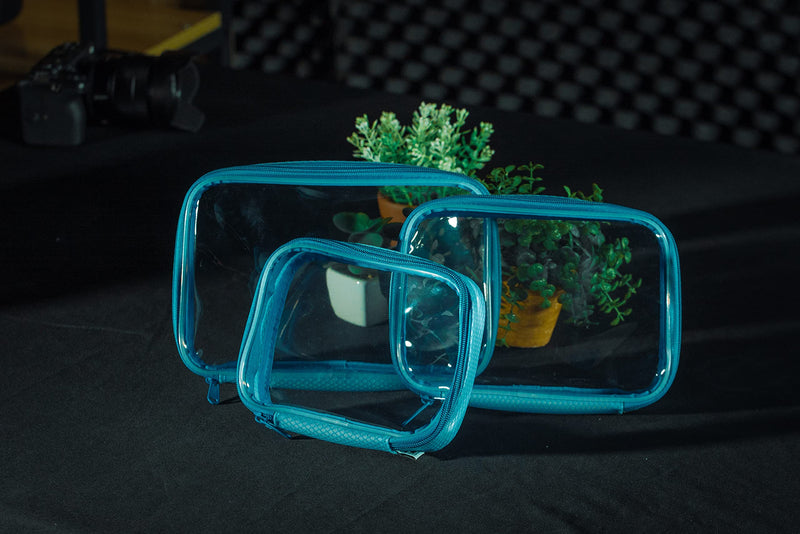 Set of 3 Transparent TPU Storage Cases, Blue, Small Medium Large, 170 x 50 x 135 mm to 250 x 50 x 160 mm, Clear Zip Organisers for Camera Gear, Cables, Tools and Accessories