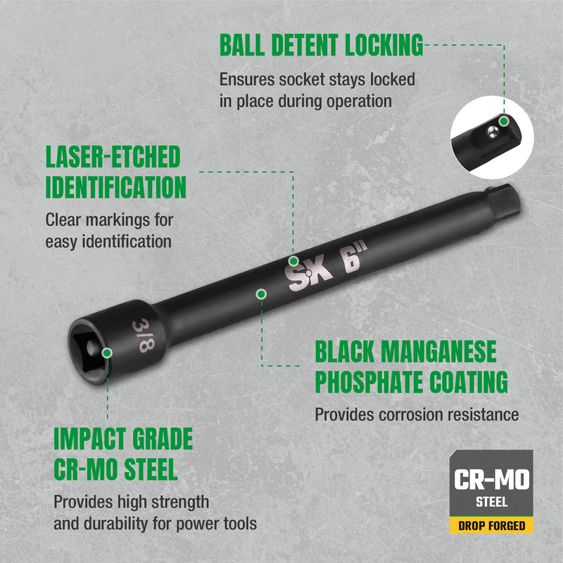 SK 4-Piece Impact Socket Extension Set, 3/8" Drive, 3", 6", 10", 15" Extension Set, Premium Cr-Mo Steel with Black Manganese Phosphate Coating 3/8-Inch Drive