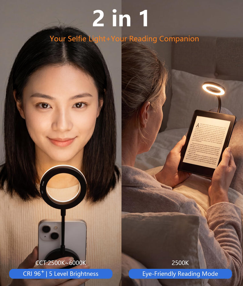 Magnetic Selfie Light,Gooseneck LED Ring Light, Portable Reading Light, Video Conference Light, 5 Brightness Levels,8 CCT Adjustable, Flexible Arm LED Lights for iPhone,iPad,Laptop,Kindle,Book