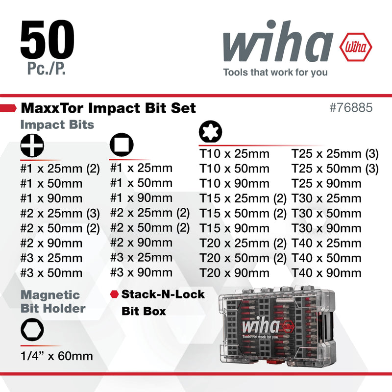 Wiha 76885 50 Piece MaxxTor Impact Bit Set