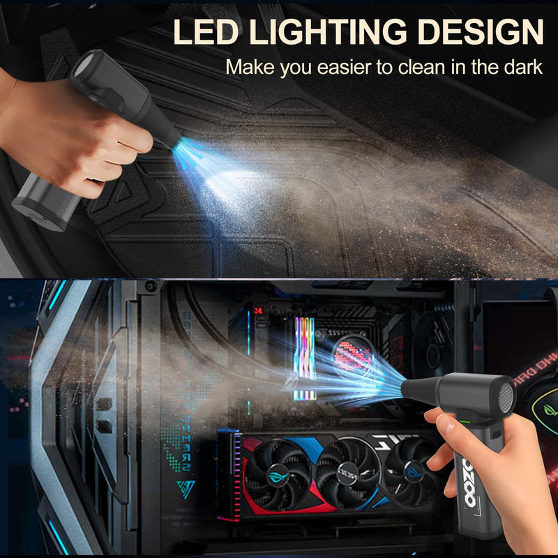Compressed Air Duster, 180000RPM Powerful Cordless Electric Air Duster with Brushless Motor and LED Light, Rechargeable Stepless Speed Regulation Dust Blower for PC, Keyboard, House, Car and Outdoor Grey