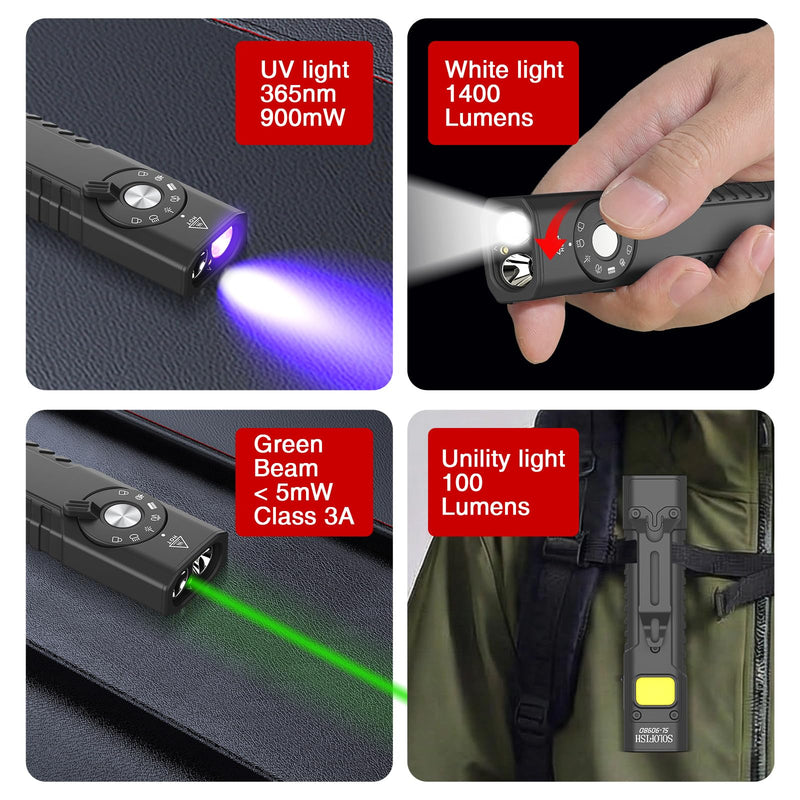 Solofish 1400 Lumens Aluminum EDC Flashlight with Green Beam, UV and 100lm Utility Light Combo, Rechargeable 4-in-1 Portable Pocket Light with Strobe for Emergency