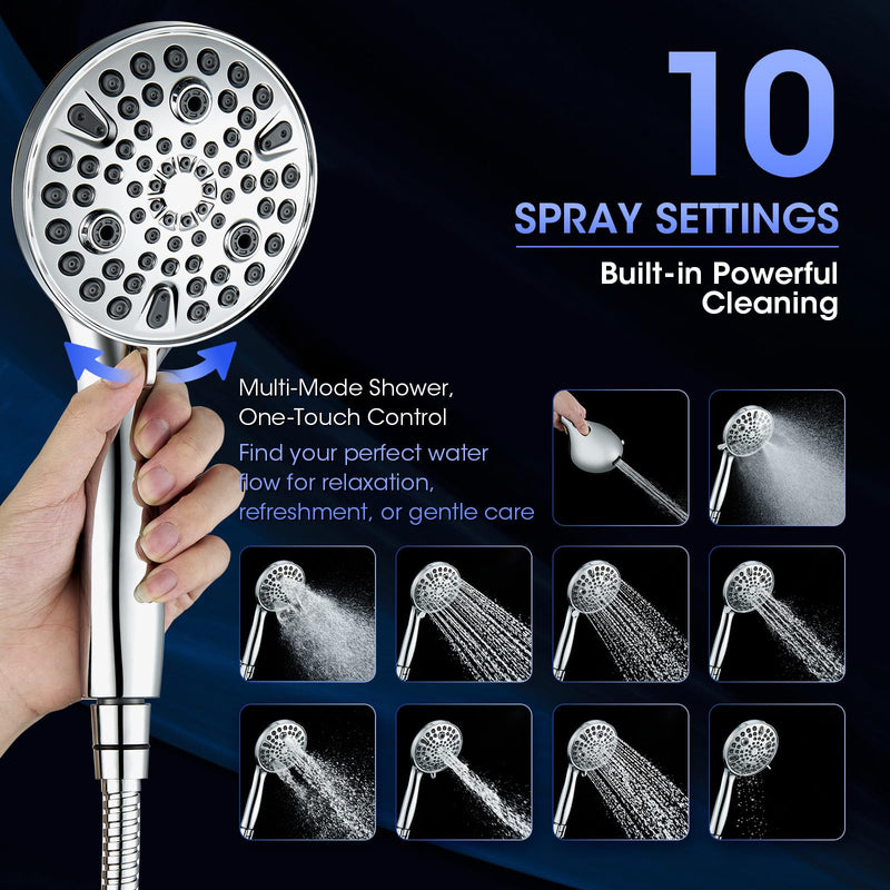 Shower Head with Handheld, High Pressure 10 Spray Built-in Pause & Power Wash, Anti-clog Nozzles, Detachable Hand Held Showerhead with Leakproof Stainless Steel Hose&Adjustable Overhead Bracket Chrome Modern Premium Chrome