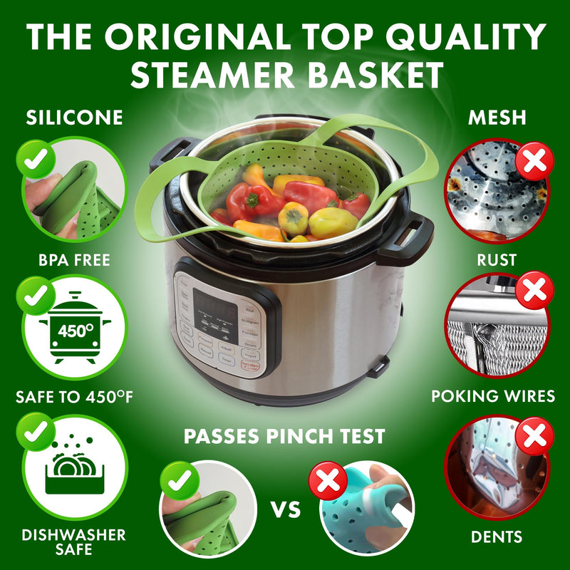 Avokado Silicone Steamer Basket for 6qt Instant Pot [3qt, 8qt avail], Other Pressure Cookers - 100% Food Safe, BPA-Free, Dishwasher Safe Collapsible Vegetable Steamer Basket & Strainer 6 QT Green