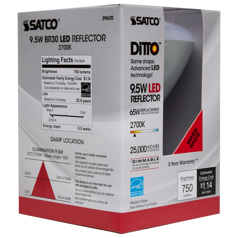 Satco S9620 9.5 Watt BR30 LED Reflector Light Bulbs - 65W Equivalent - 2700K Warm White - 105 deg. Beam Angle - E26 Medium Base - Dimmable - 120 Volt - 25,000 Hours (6 Pack) 6 Pack