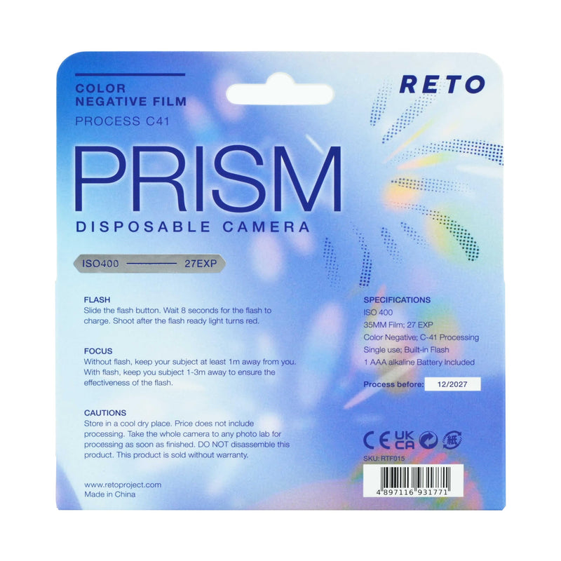 Retocolor Prism 400 35mm Disposable Film Camera 27EXP, ISO400, Color Negative Film, Focus Free, Easy to Use, Built in Flash, Single Use (Film and Battery Included)