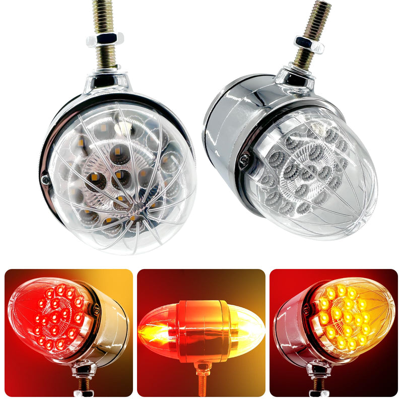 dreamdragon 2PCS 17-LED Dual Face Watermelon Turn Signal Lights, Amber & Red LED, 3.5" Round Fender Lights with Clear Lens & Reflector, Chrome Auxiliary Pedestal Lights Amber/Red