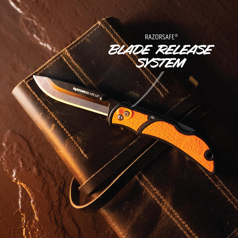 OUTDOOR EDGE 3.5" RazorLite EDC Knife. Pocket Knife with Replaceable Blades and Clip. The Perfect Hunting Blade for Skinning Deer. Blaze Orange with 6 Blades Orange (6 Blades)