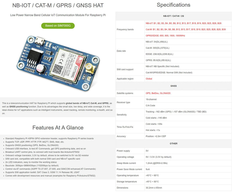 Waveshare SIM7000G NB-IoT/Cat-M/Edge/GPRS HAT, Compatible with Raspberry Pi 5/4B/3B/Zero/Zero W/Zero 2W/Pico/Pico W/Pico WH, GNSS Positioning, Global Band Support