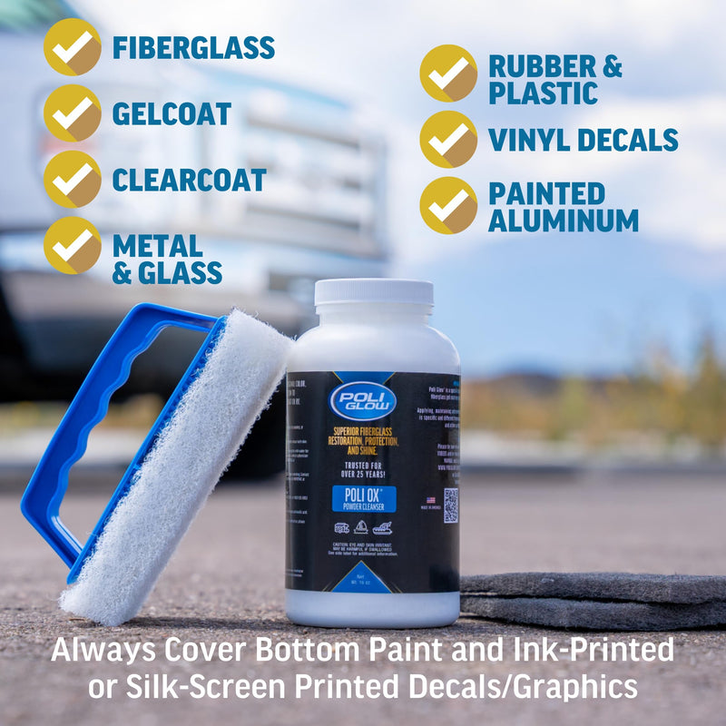 Poli Ox® Oxidation Removal Kit for Boats, RVs, or Fiberglass Surfaces–Removes Heavy Oxidation, Stains & Grime–Safe on Fiberglass, Gelcoat, Vinyl Decals: Includes 16 oz Cleaner, Scrub Pad & Sanding Pad Powder Ox