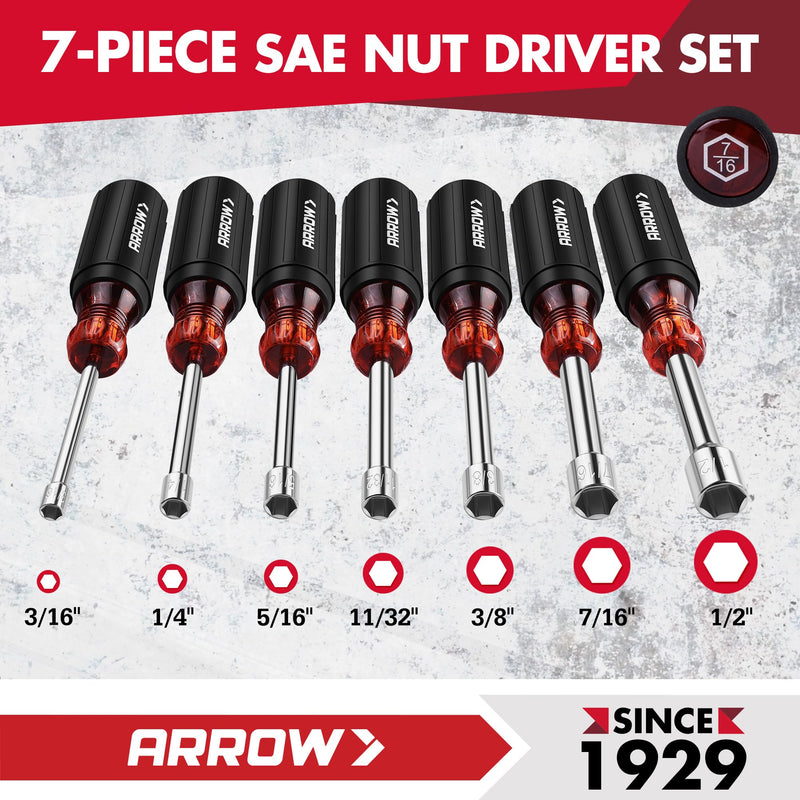 ARROW Nut Driver Set, 7 PCS SAE Nut Drivers with Non-Slip Grip, Cr-V Steel, 1-Inch Hollow Shaft, Hex Sizes 3/16, 1/4, 5/16, 11/32, 3/8, 7/16, 1/2-Inch, Easy for Tightening and Unscrewing