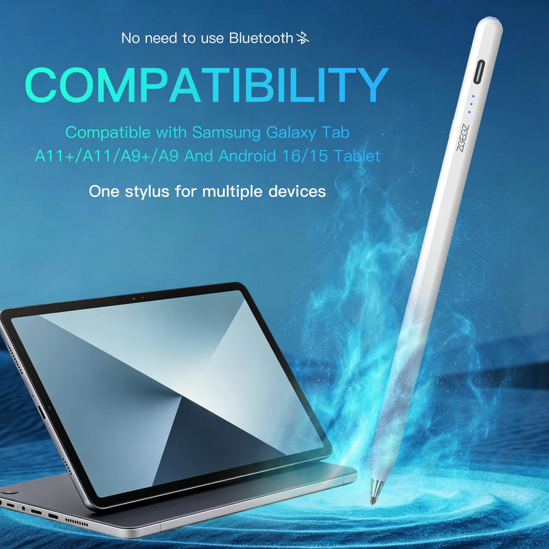 Stylus Pen for Samsung Galaxy Tab A11+A9+Android16/15，30H Life | 30-hour battery life，Accurate writing,ultra long battery life,No Bluetooth needed，Button on/off，Transparent Pen Tip White