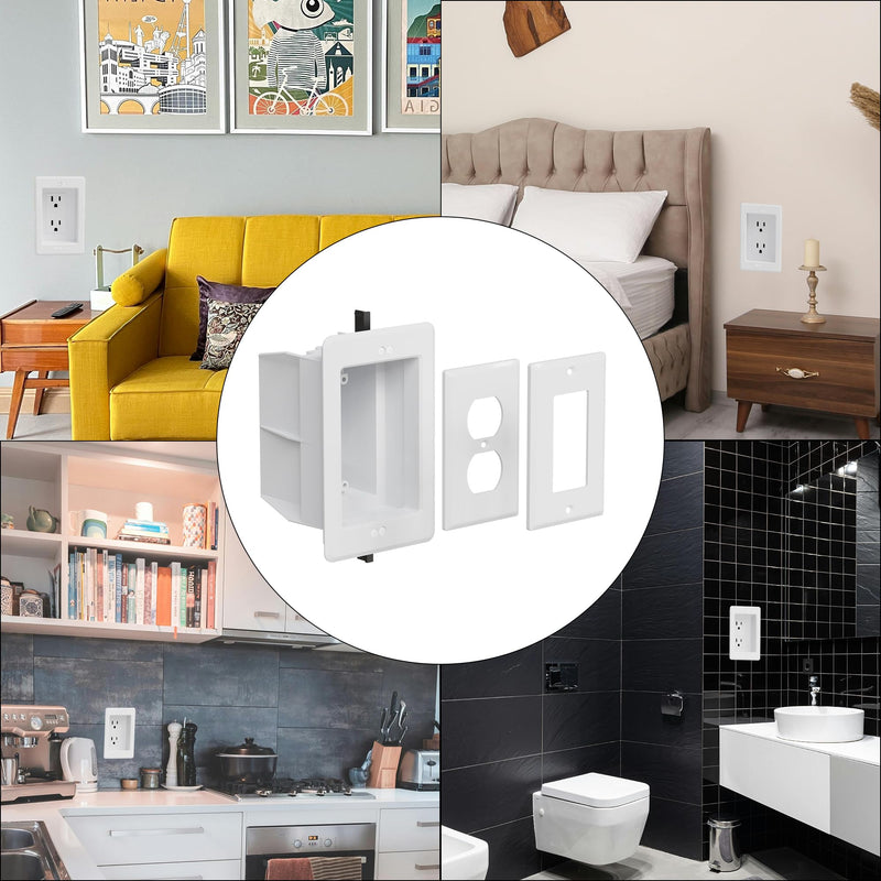 Recessed Outlet/Electrical Box Single Gang, Recessed Outlet Box for Wall Mount TV, Antenna, Phone and Cable TV, Suitable for GFCI & Standard, for Old or New Construction(2 Pack) White-2