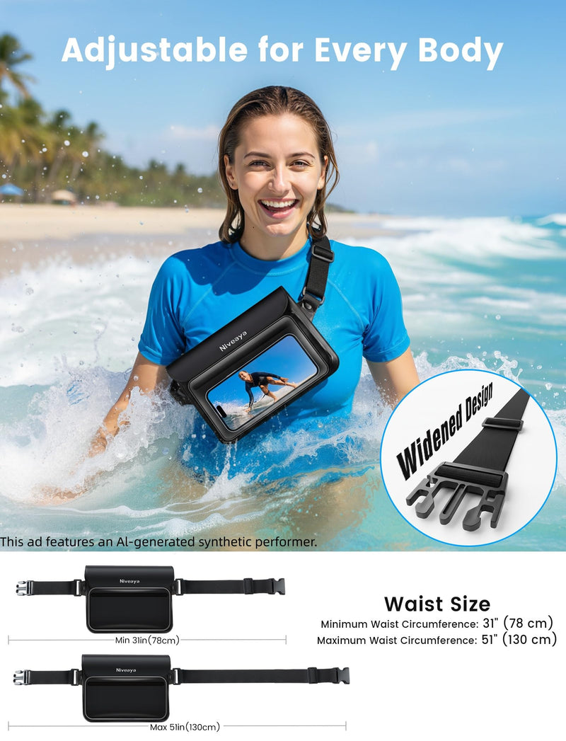Niveaya IPX8 Waterproof Fanny Pack for Men Women, Large Capacity Touch Screen Dry Bag for Kayaking, Paddle Boarding, Waterpark & Swimming Essentials, Adjustable Waist Strap Pouch for Cell Phone Black&Army Green