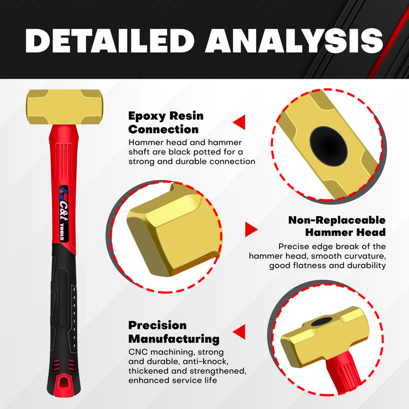 C&T 2lb Brass Sledge Hammer,Non-Sparking, Comfortable Fiberglass Handle,2-Pounds,Non-Magnetic,Corrosion Resistant