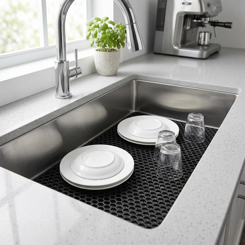 Sink Protectors for Kitchen Sink, 28.34''x 15.74'' Silicone Sink Mat Grid Protector for Bottom of Farmhouse Stainless Steel Porcelain - Can DIY Drain Hole Non-slip Heat Resistant Liner (Black) （Black）28.34" x 15.74"