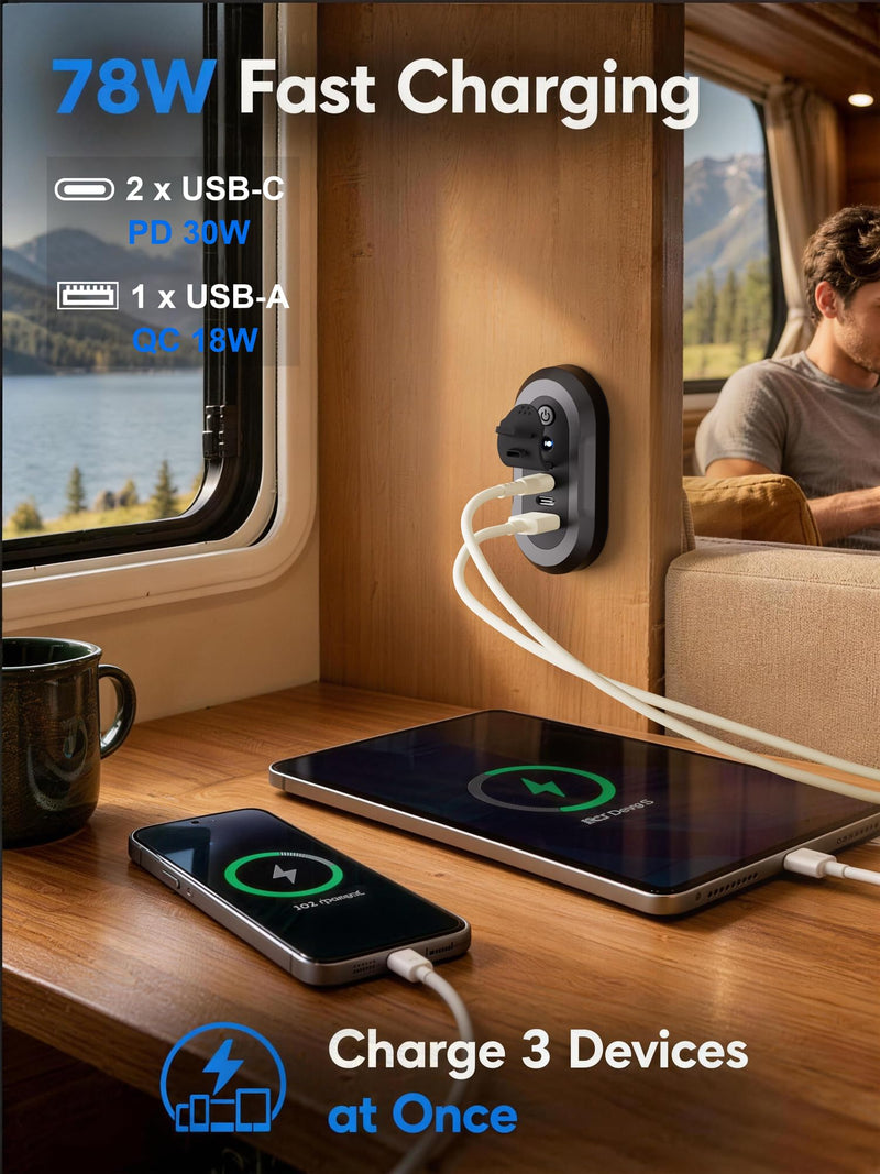 12V USB Outlet RV 3 Ports Car Power Charger 78W Fast Charging Panel Socket | Dual PD 3.0 QC 18W Car Lighter Adapter with Switch & Blue Indicator Light USB C 30W Wall Mount for Marine Bus Boat ATV Truck