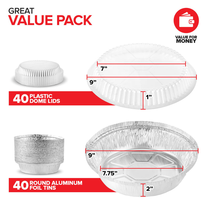 Stock Your Home 9" Round Aluminum Foil Pans with Lids (40 Pack) Pie Tins Disposable 9 Inch with Lid, To-Go Containers for Pies, Cheesecake, Cinnamon Rolls, Flan, 2" Deep Dish Cake Pan for Holidays