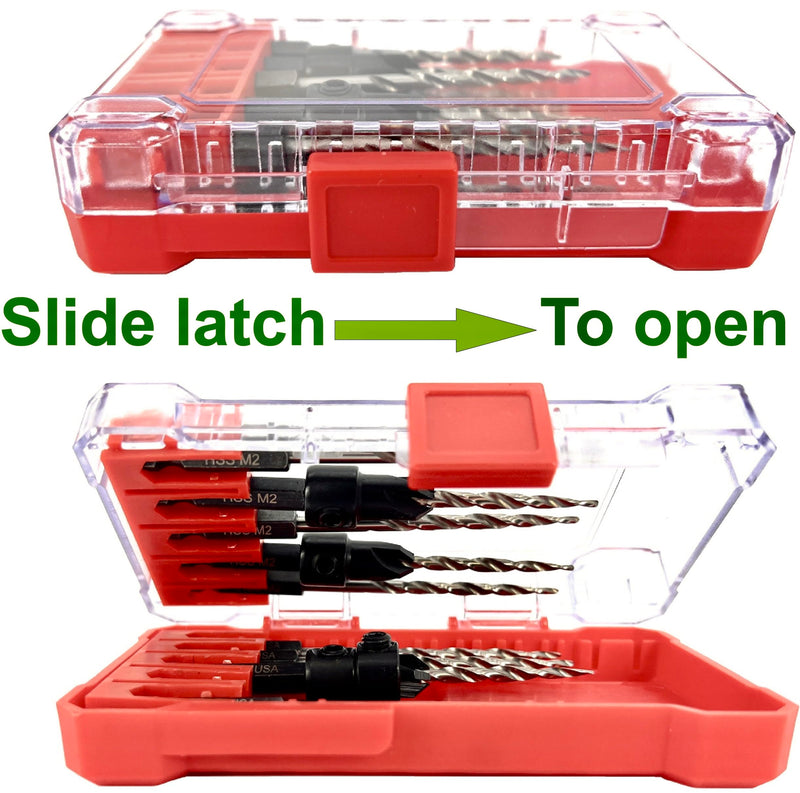 FTG USA 5 Pc #12 (7/32") Countersink Drill Bit Set with 5 Pc Replacement Tapered Drill Bits for Wood in Storage Container